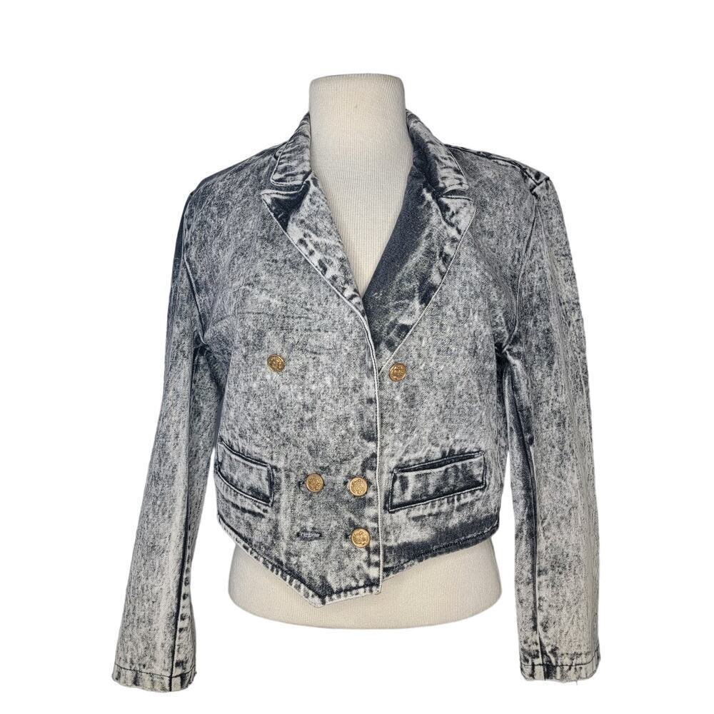 Vintage Prezzia Acid Wash Gray 1980's Retro  Style Long Sleeve Denim Jacket